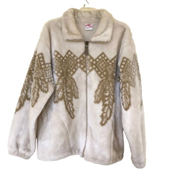 Milton Funwear Plush Fleece Jacket Cream & Beige Feather Design Oversized 90s - Picture 1 of 9